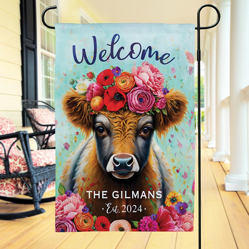 Personalized Floral Highland Cow Welcome Garden Flag