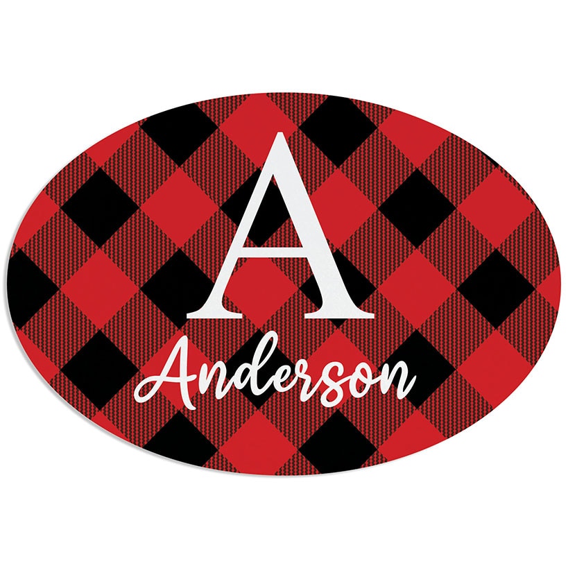 Personalized Buffalo Check Name & Initial Wreath Hanger or Oval Plaque