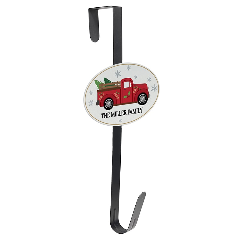 Personalized Christmas Red Truck Wreath Door Hanger or Oval Metal Plaque