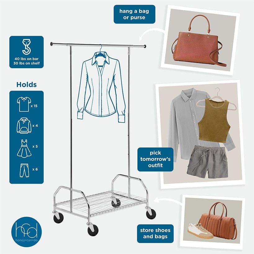 Rolling Clothes Rack with Adjustable Bar and Shelf