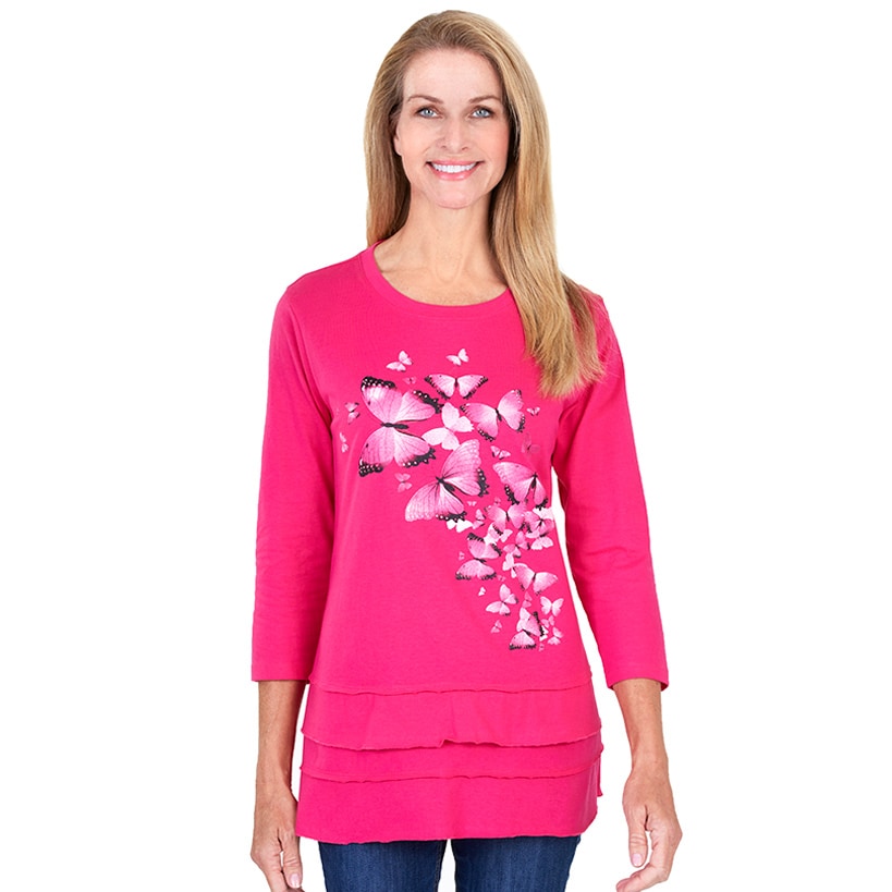 Screen-Printed Ruffle Trim Fuchsia Tunic