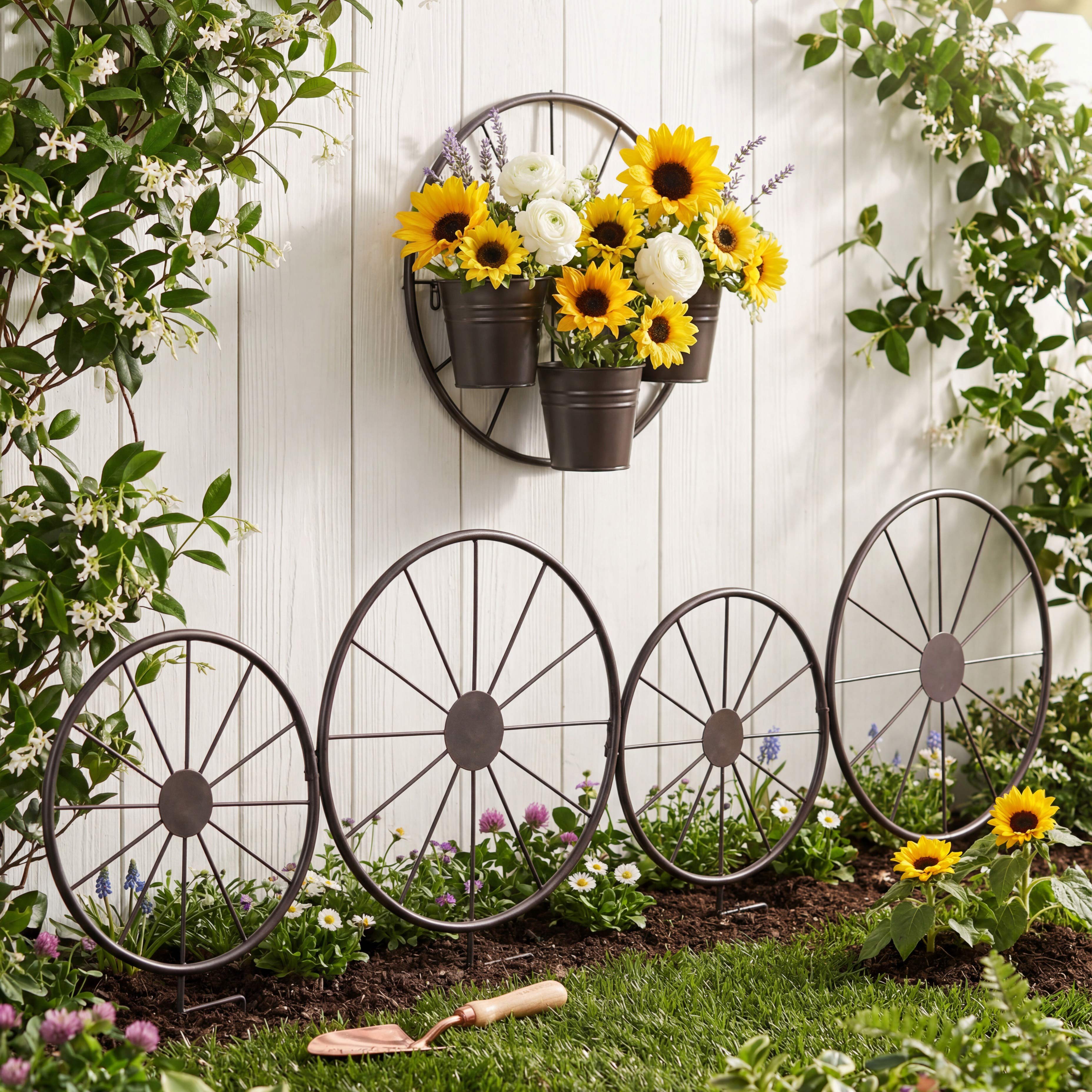 outdoor plant pot decorations Lakeside Rustic Wagon Wheel Planter or Fence for Outdoor Spaces
