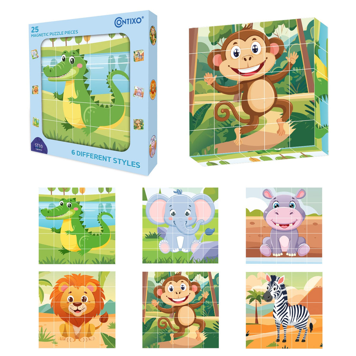 Contixo ST10 25-Piece Magnetic Jungle Animal Puzzle Blocks - 6 Puzzles in One