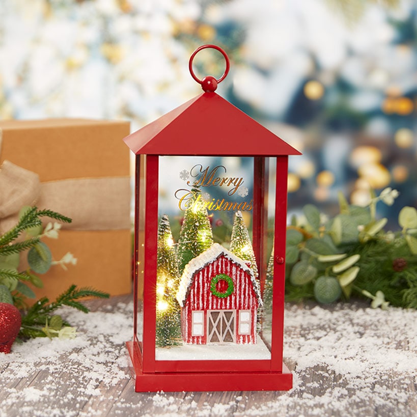 Lighted Christmas Lantern with Holiday Scene