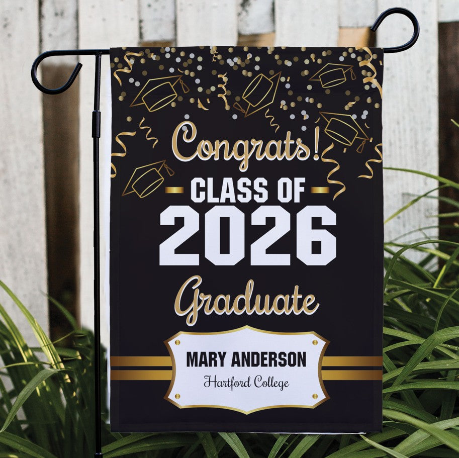 Personalized Gold Confetti Graduation Double-Sided Garden Flag