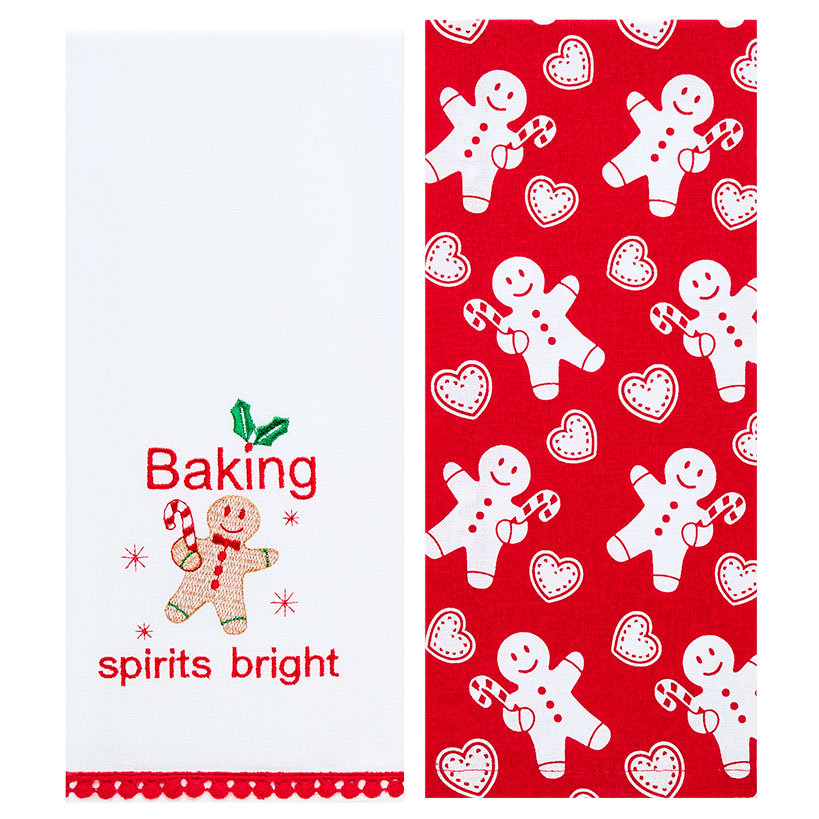 Set of 2 Holiday Motif Embroidered Kitchen Towels