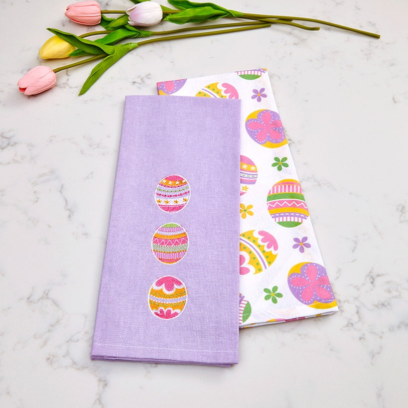 Set of 2 Easter Egg Embroidered Kitchen Towels