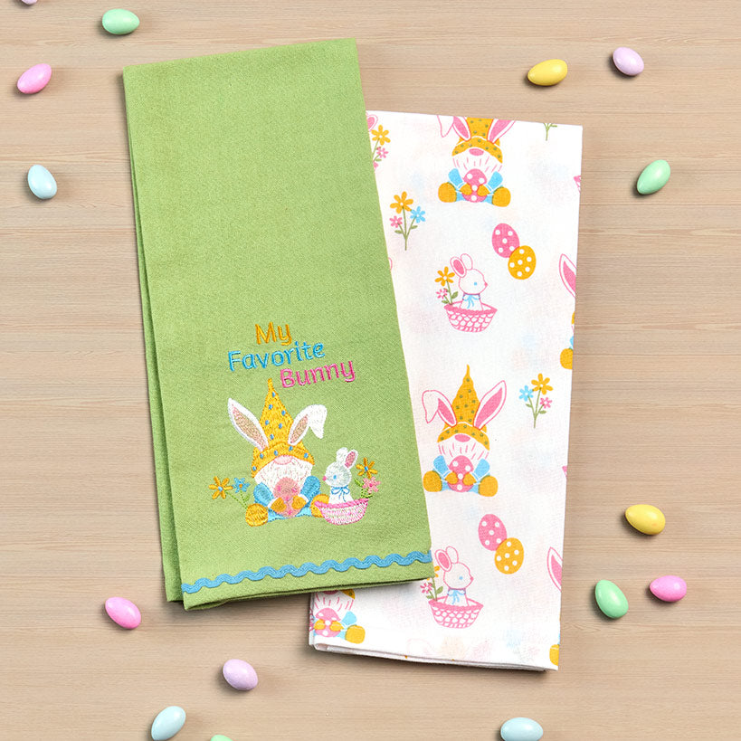 Embroidered Kitchen Towels Gnomes and Bunnies Set of 2