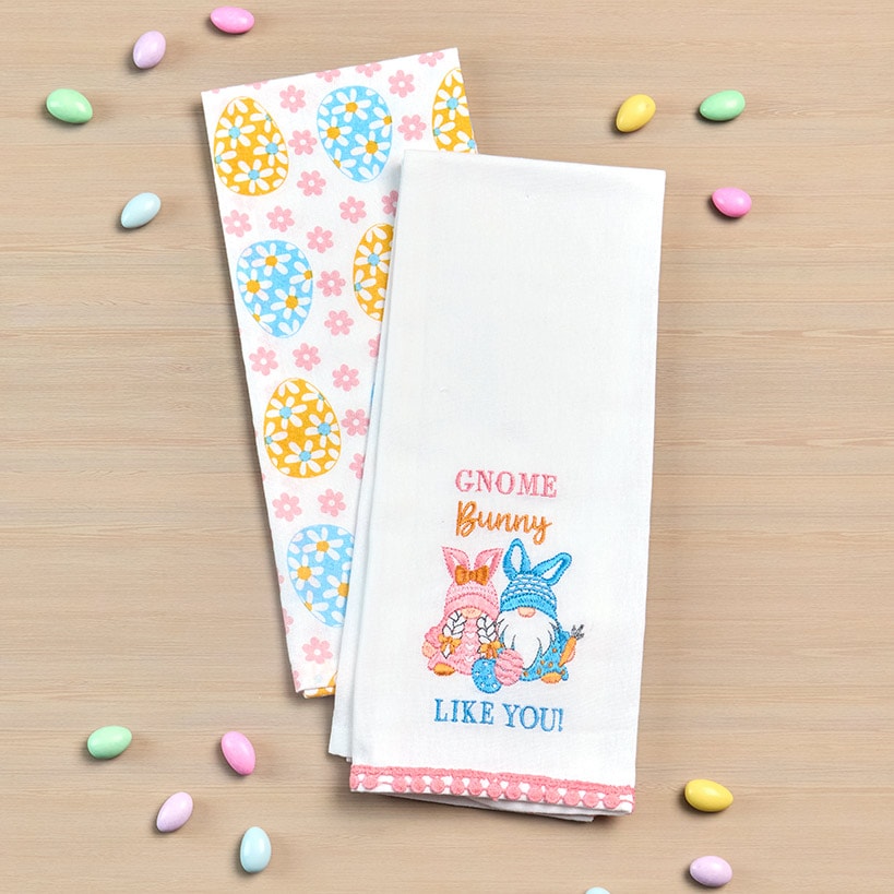 Embroidered Kitchen Towels Gnomes and Bunnies Set of 2