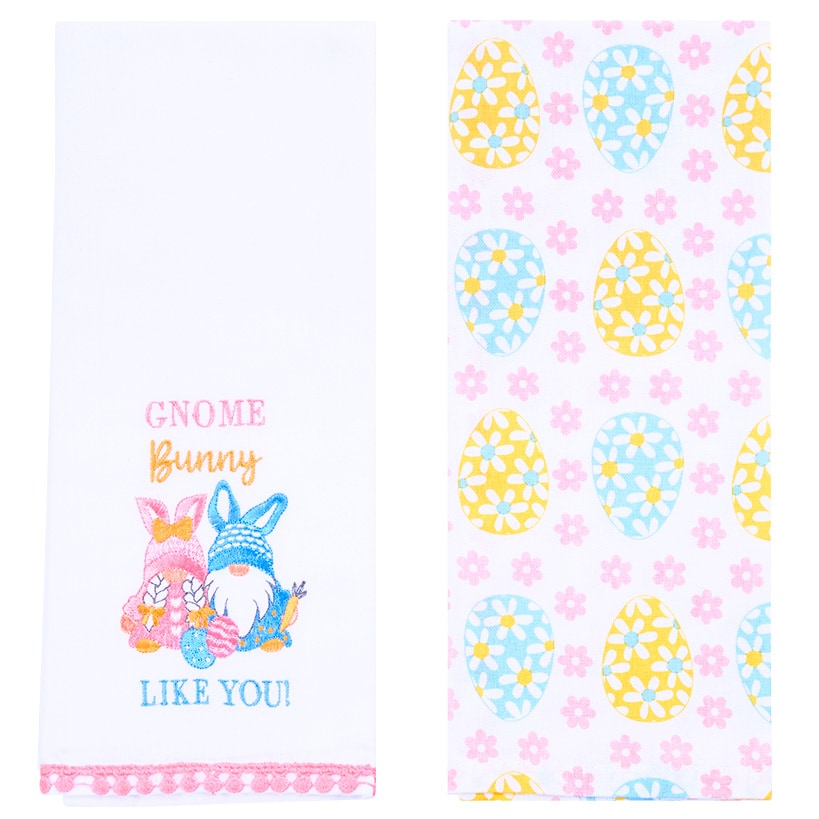 Embroidered Kitchen Towels Gnomes and Bunnies Set of 2