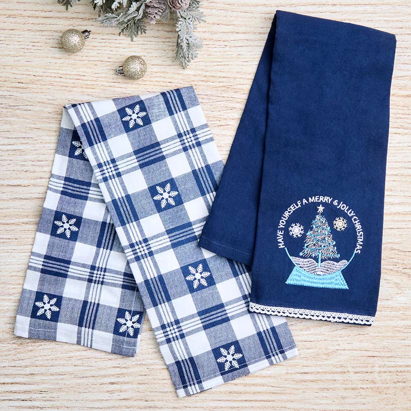 Set of 2 Blue Christmas Embroidered Kitchen Towels
