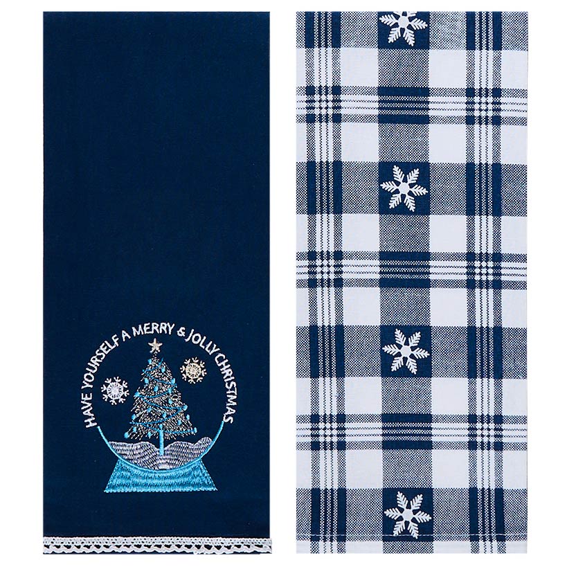 Set of 2 Blue Christmas Embroidered Kitchen Towels