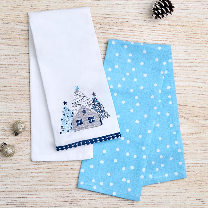 Set of 2 Blue Christmas Embroidered Kitchen Towels