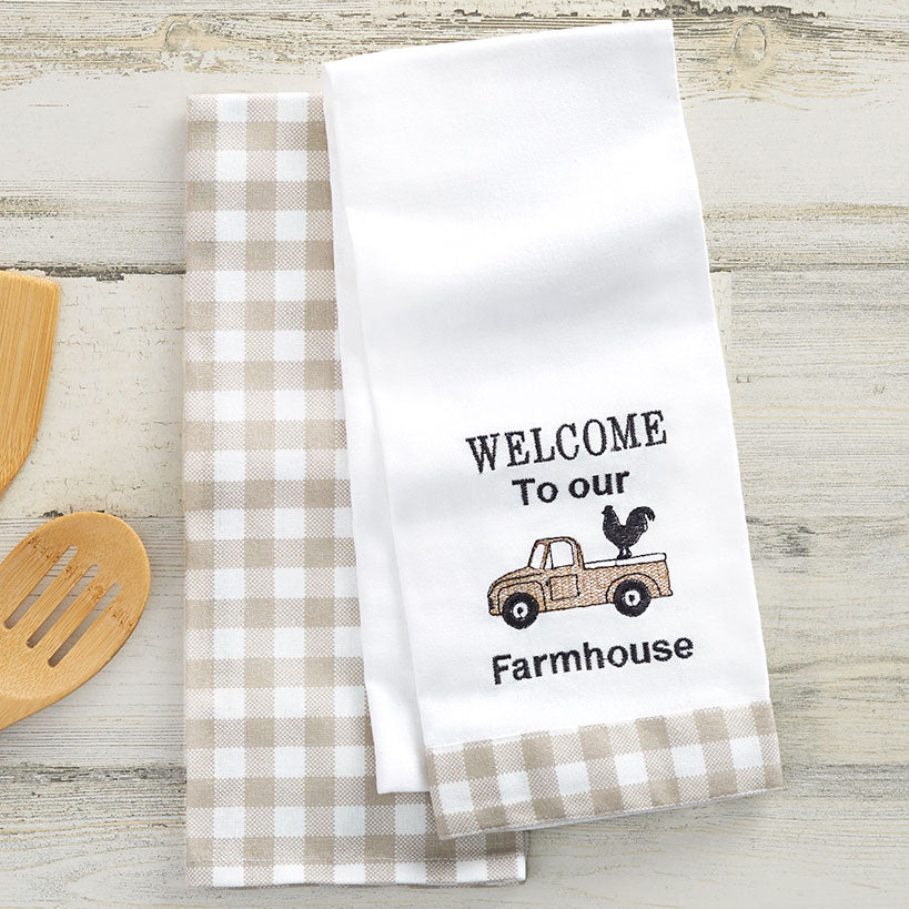 Rustic Farmhouse Plaid Embroidered Kitchen Towels, Set of 2