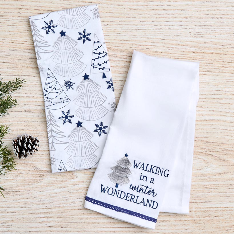 Set of 2 Blue Christmas Embroidered Kitchen Towels