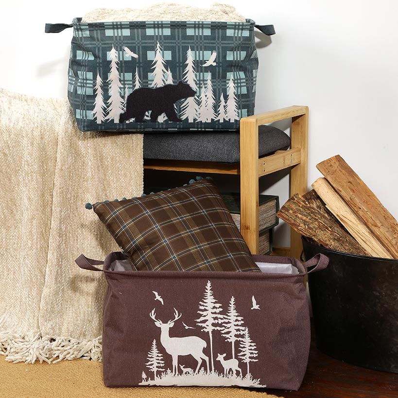 Rustic Printed Home Storage Decor Polyester Baskets Set of 2