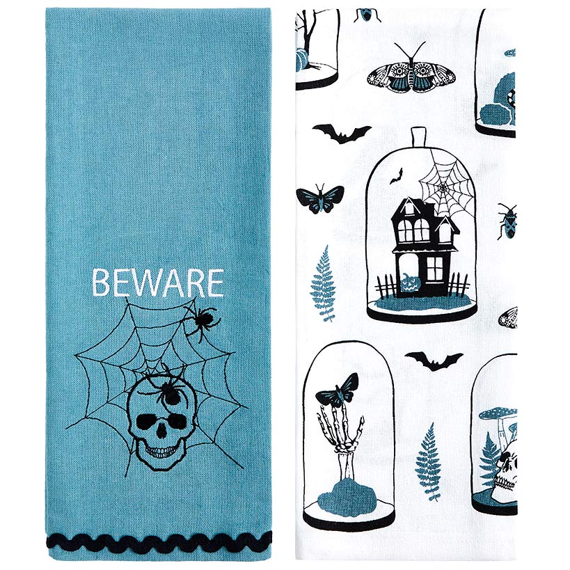 Set of 2 Skull and Ravens Embroidered Kitchen Towels