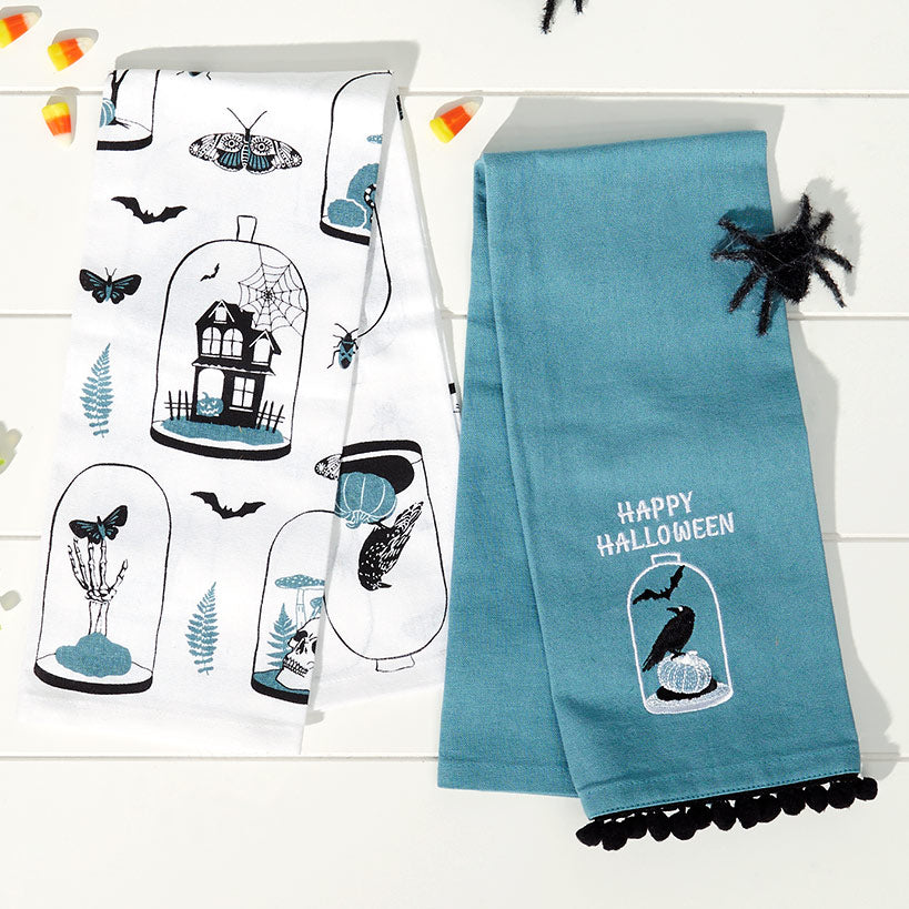 Set of 2 Skull and Ravens Embroidered Kitchen Towels