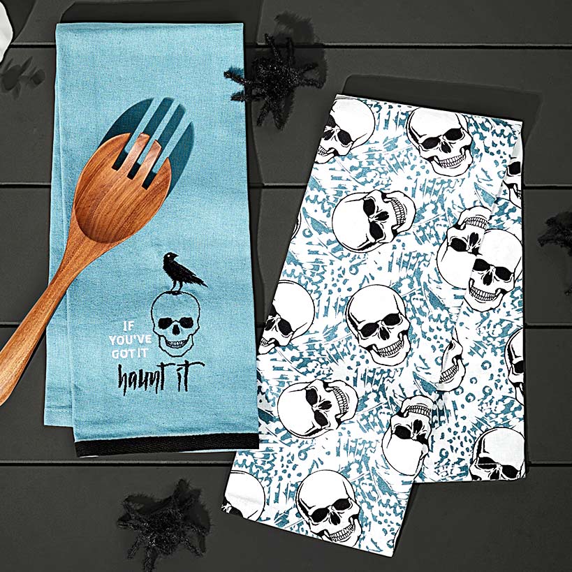 Set of 2 Skull and Ravens Embroidered Kitchen Towels