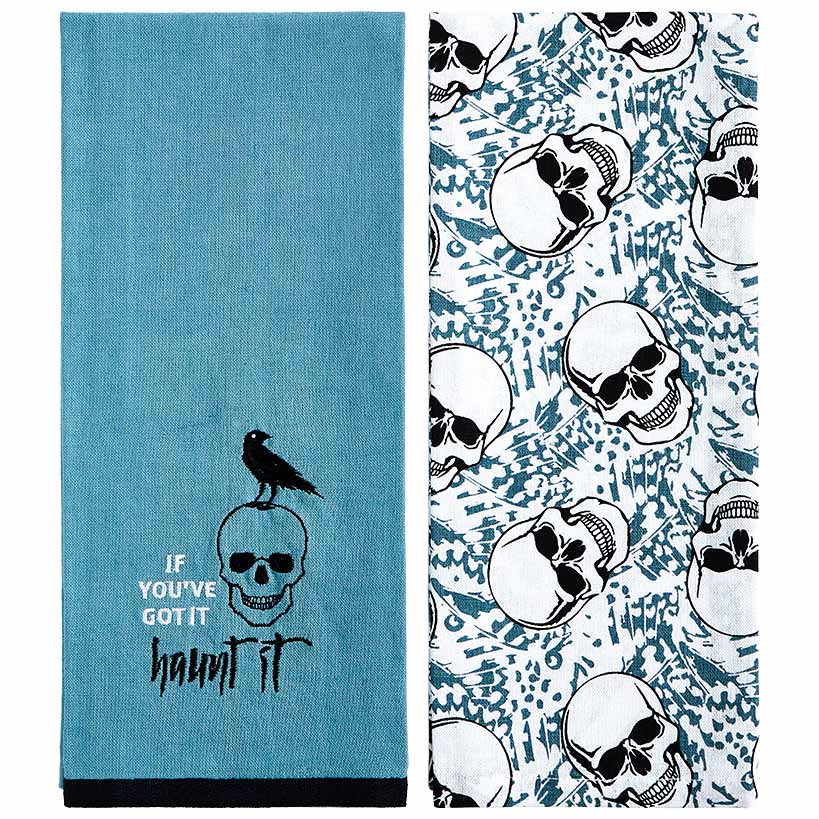 Set of 2 Skull and Ravens Embroidered Kitchen Towels