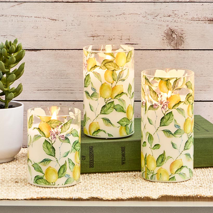 Candles LED In Glass Holder Lemon or Wildflower Set of 3