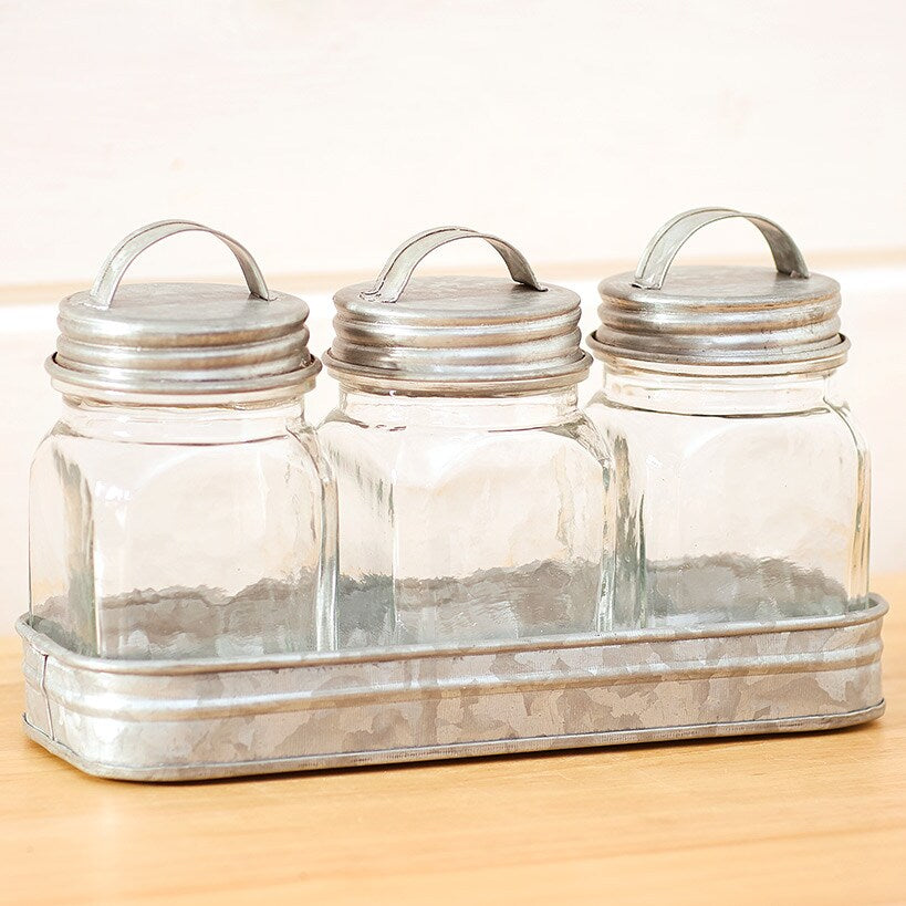 Set of 3 Glass Canisters in Tray