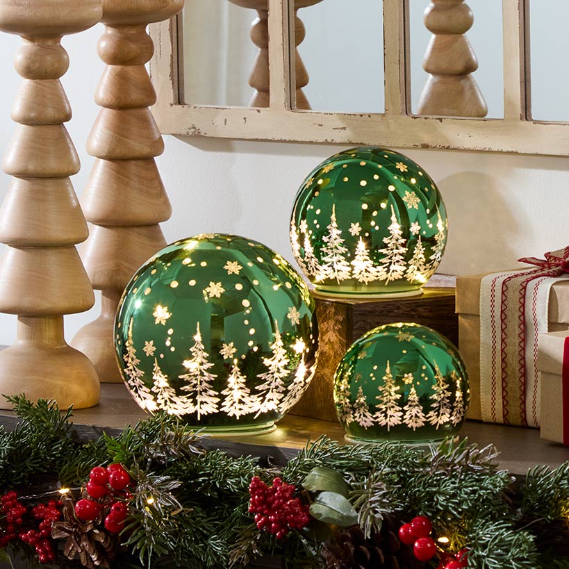 Set of 3 Holiday Light Cast Glass Globes
