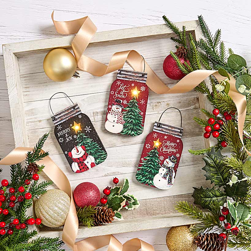 Set of 3 Lighted Mason Jar Ornaments