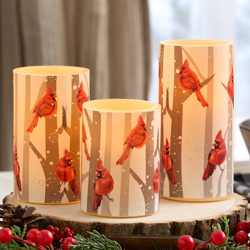 Flameless Flickering LED Candles with Winter Art- Set of 3