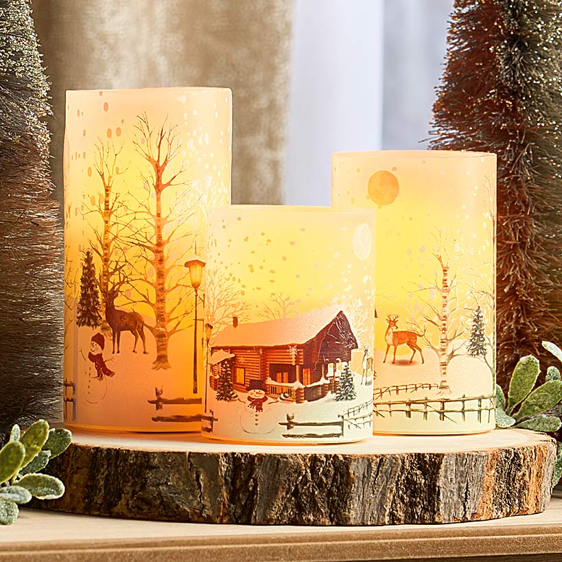 Flameless Flickering LED Candles with Winter Art- Set of 3