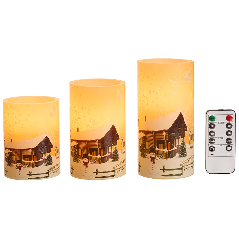Flameless Flickering LED Candles with Winter Art- Set of 3