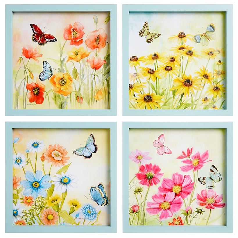 Framed Wall Art - Hummingbird, Butterfly, or Seashell Theme - 4 Pc