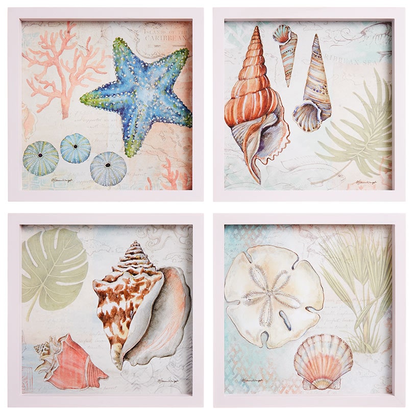 Framed Wall Art - Hummingbird, Butterfly, or Seashell Theme - 4 Pc