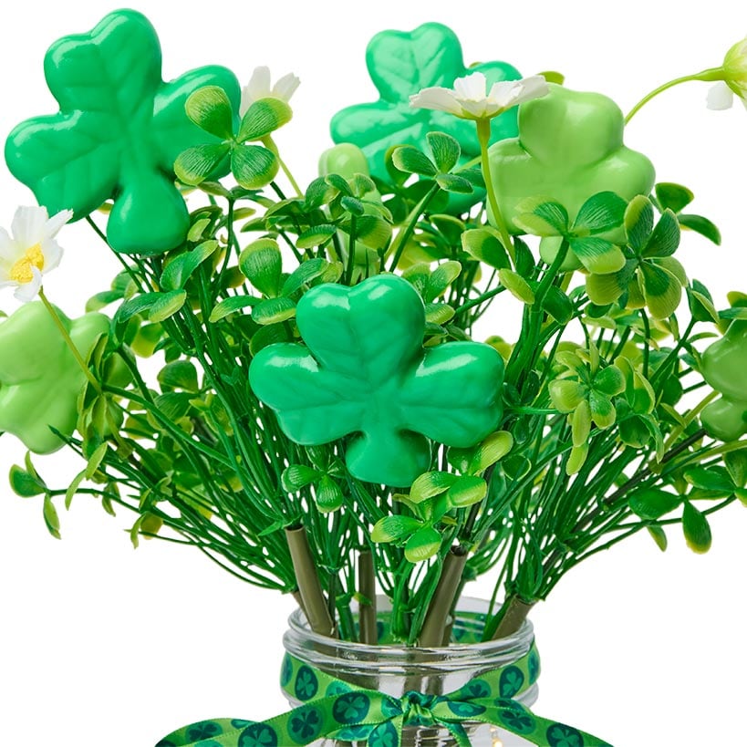 St Patrick's Fairy Light Vase With Green Shamrock Bouquet