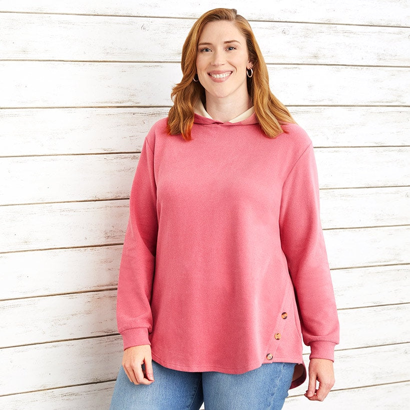 Women's Long-Sleeve Hooded Pullover with Decorative Buttons