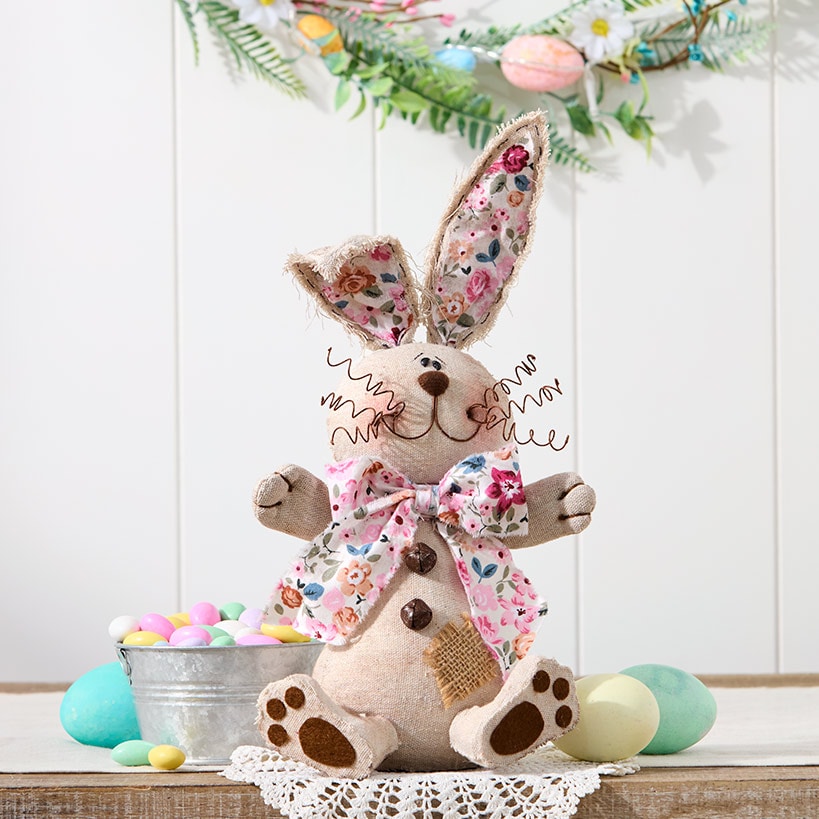 Pink Easter Plush Country Bunny With Flower Print