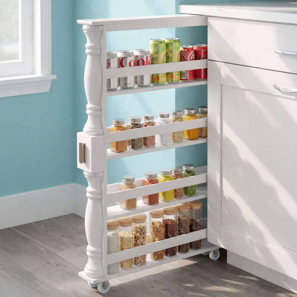 Slim Wooden Spice Rack Cabinet with Wheels - Black, Walnut or White