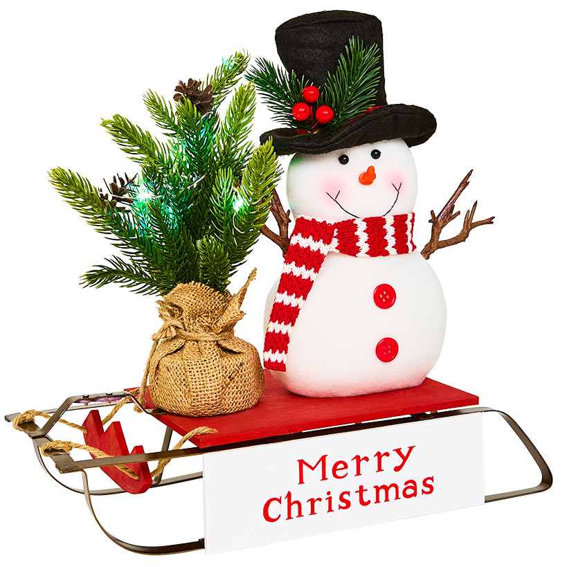 Snowman on Sled with Lighted Tree