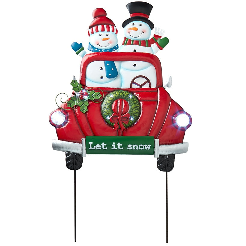 Lighted LED Let It Snow Snowman Red Truck Yard Stake