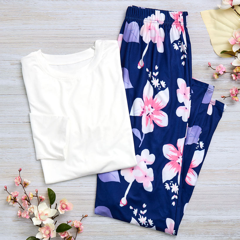 Women's Soft Pajama Set with Long Sleeve Top and Floral Pants