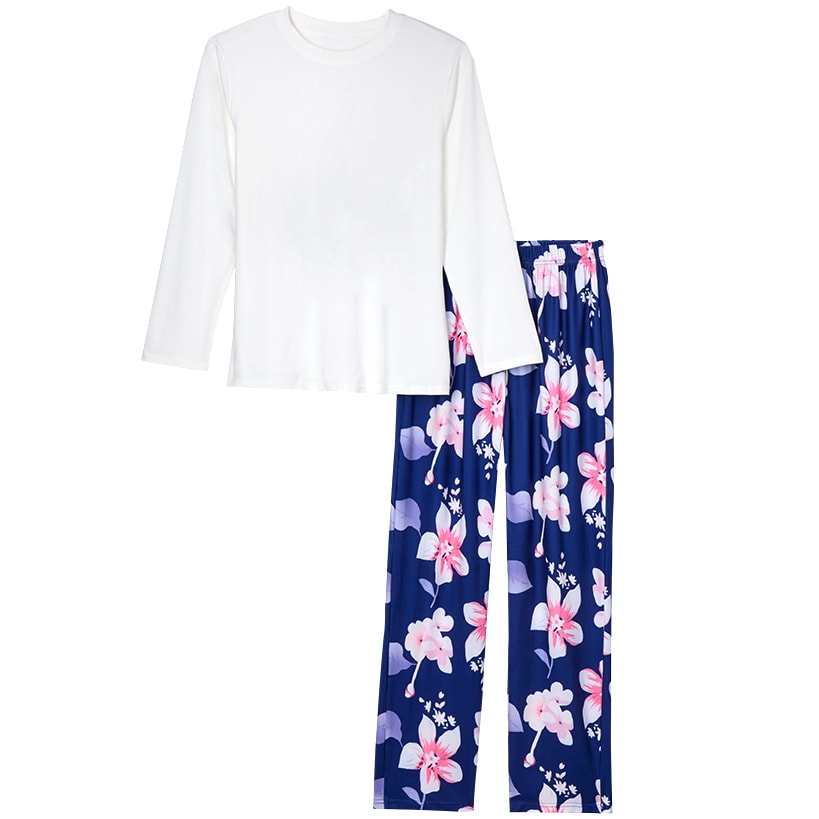 Women's Soft Pajama Set with Long Sleeve Top and Floral Pants