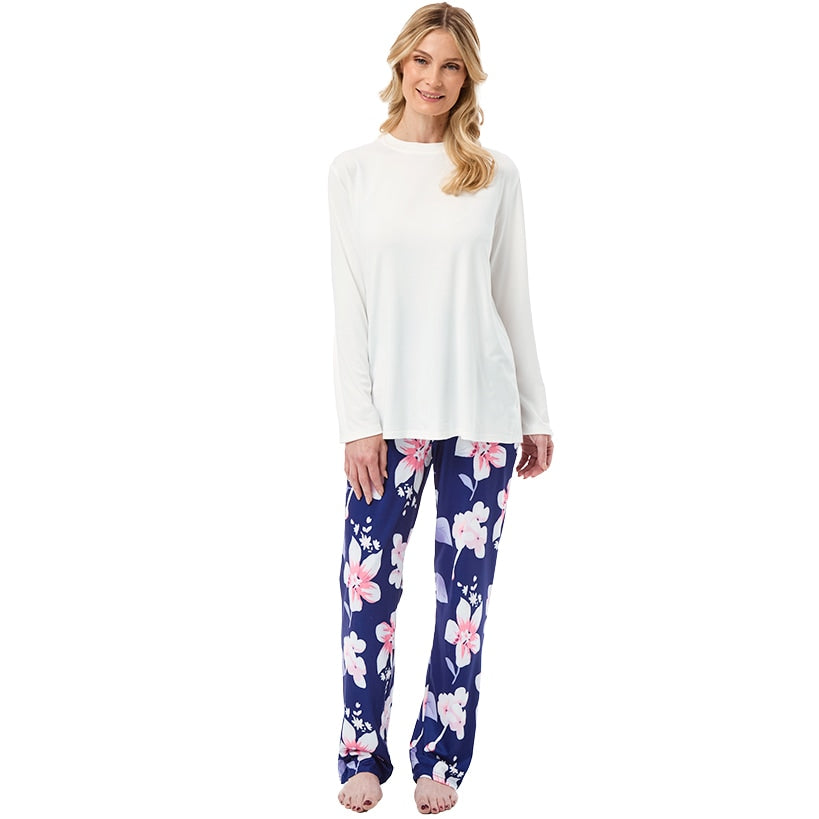 Women's Soft Pajama Set with Long Sleeve Top and Floral Pants