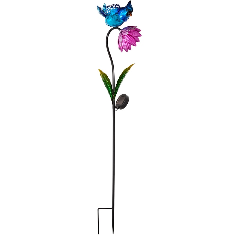 Solar Flower With Perched Bird Garden Stake - Blue or Red