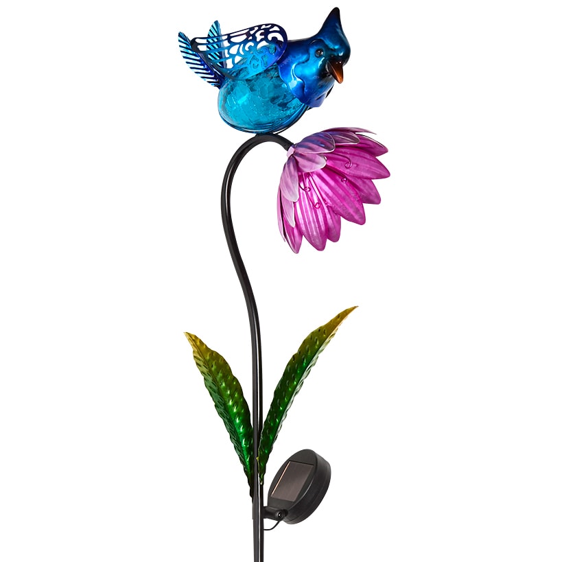 Solar Flower With Perched Bird Garden Stake - Blue or Red