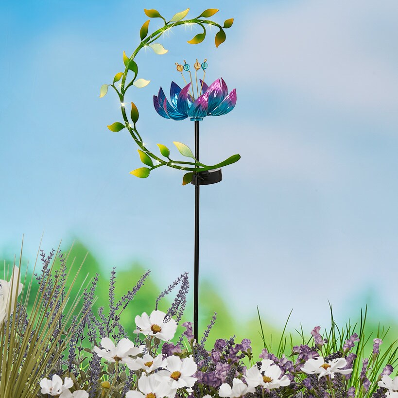 Solar Flower and Leaves Wind Spinner Garden Stake Red or Blue