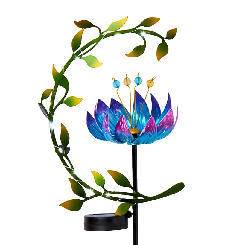 Solar Flower and Leaves Wind Spinner Garden Stake Red or Blue