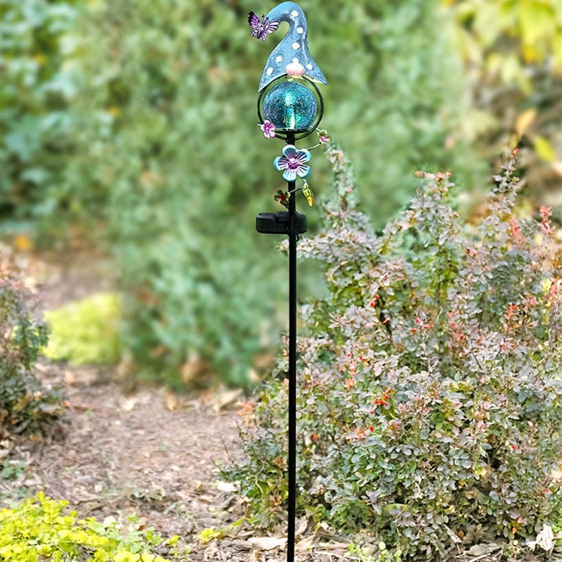 Solar LED Gnome Garden Stake Red with Flower or Blue with Butterfly