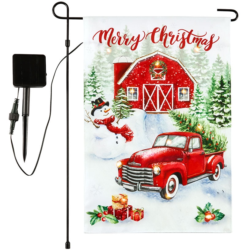 Solar Red Truck Christmas Flag with Pole