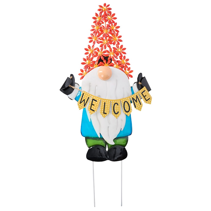 Welcome Gnome With Solar Flower Hat Garden Stake