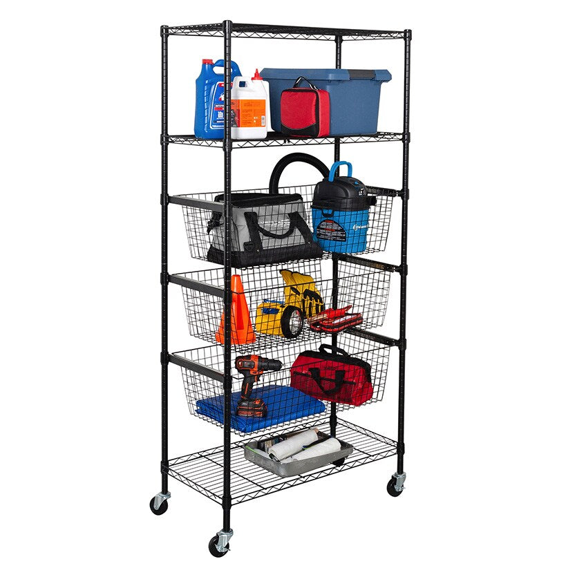Adjustable Rolling Garage Shelving Unit with 3 Pull-Out Baskets Black